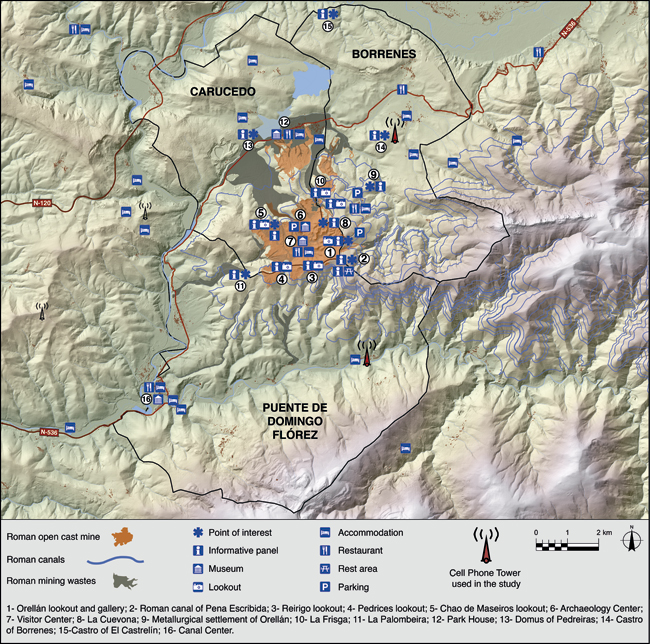 Mapa de infraestructuras y antenas en Las Médulas. Fuente: Brais X. Currás et al. 
