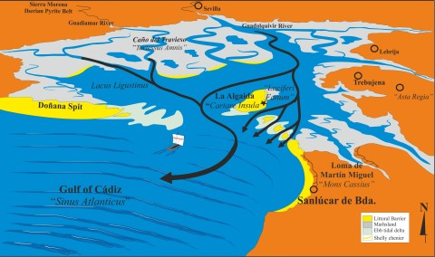 El río Tartessos (actual río Guadiamar por el Caño Travieso) y la isla de Cartare hacia el año 600 a. C.jpg