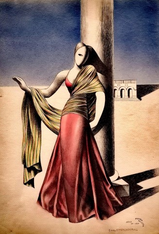 Manuela Ballester, Dibujo de la serie Embajadoras, 1939. CE4/00473, Museo Nacional de Cerámicas y Artes Suntuarias "González Martí", Valencia (España).